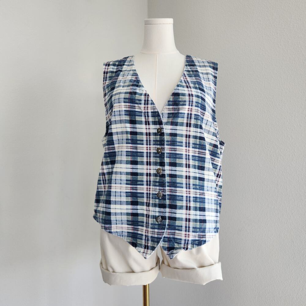 90s Vintage Cherokee Red White Blue Plaid Cotton Vest Button Front Grunge L